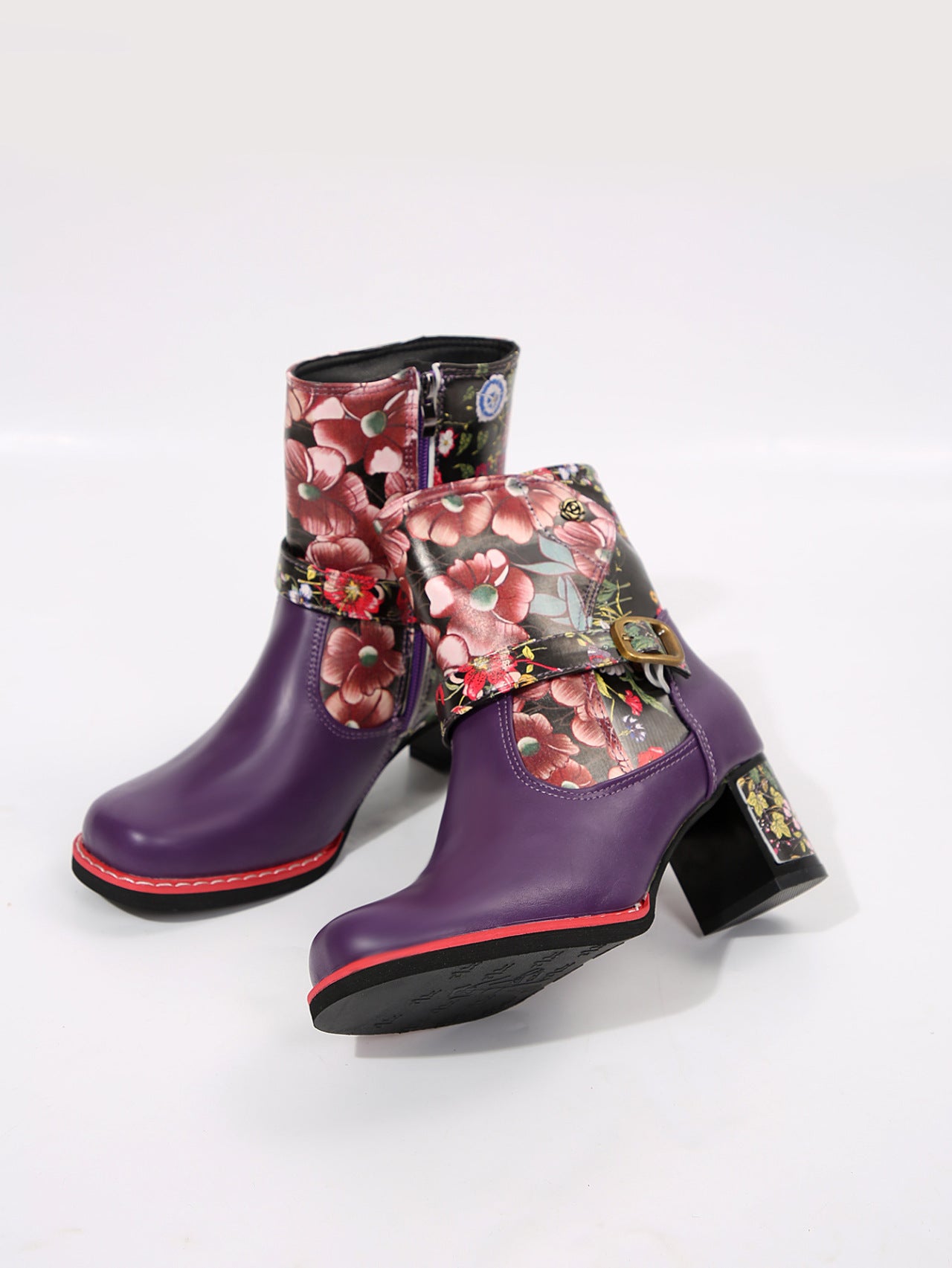 Women's  Leather Flower Block Heel Boots