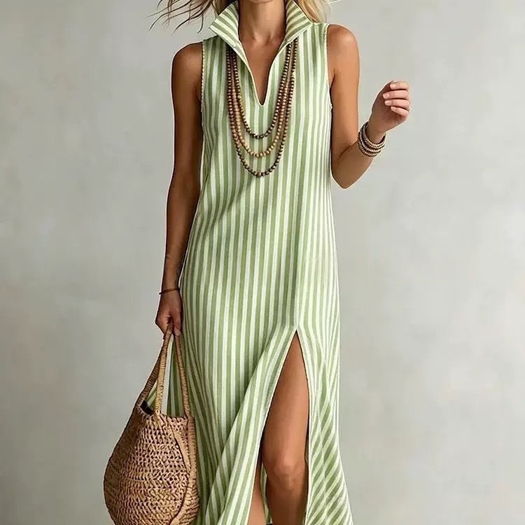 Striped sleeveless maxi dress with stand collar, side slit, and A-line silhouette by FitiqueFit, casualwear for warm weather.