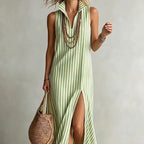 Striped sleeveless maxi dress with stand collar, side slit, and A-line silhouette by FitiqueFit, casualwear for warm weather.