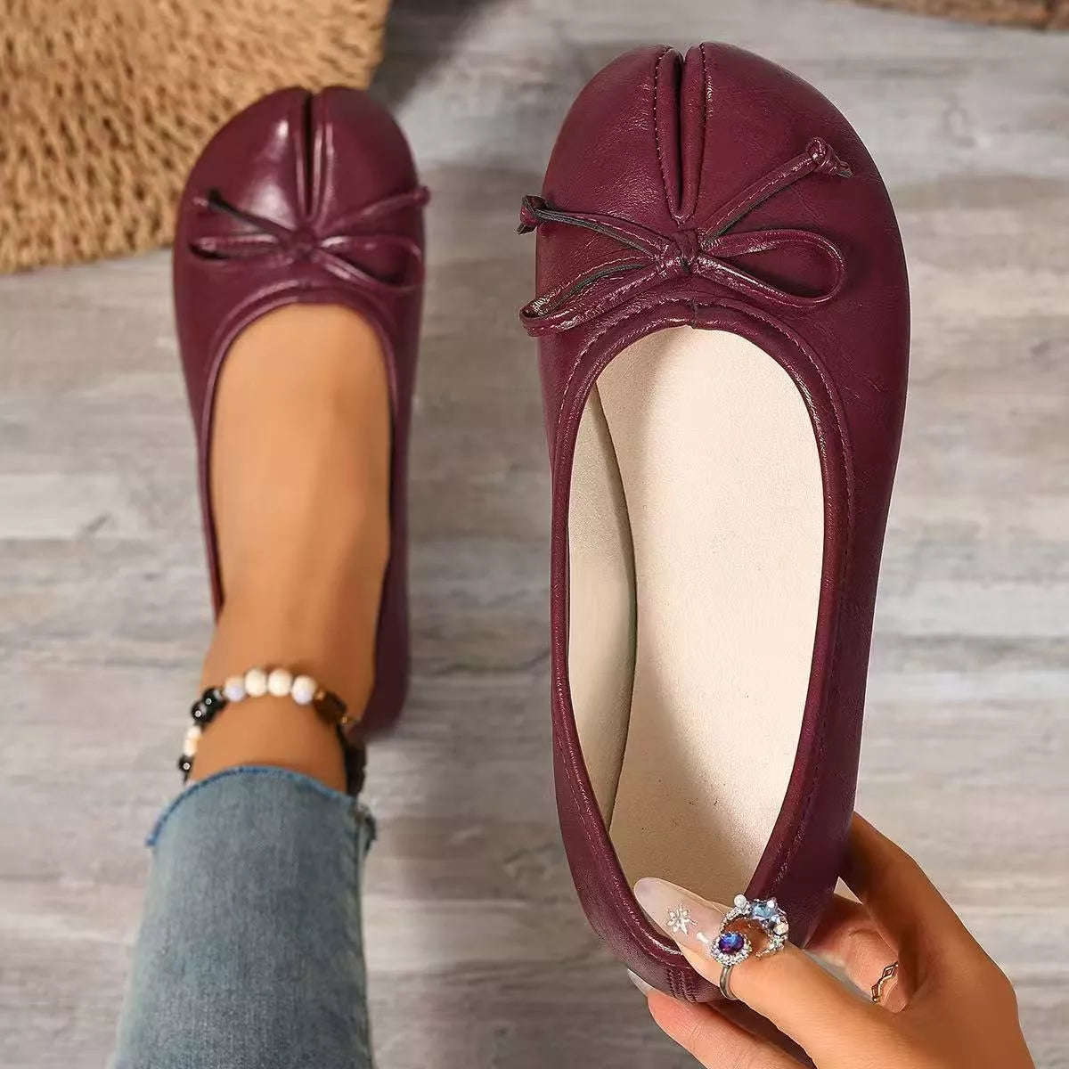 Plush Fashion Hub bow decor split toe slip-on shoes with stylish design and comfortable fit, shown in the product image.