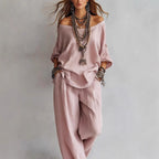 FitiqueFit chiffon puff-sleeve top and wide-leg pants set in a casualwear style, shown in a light pastel color.