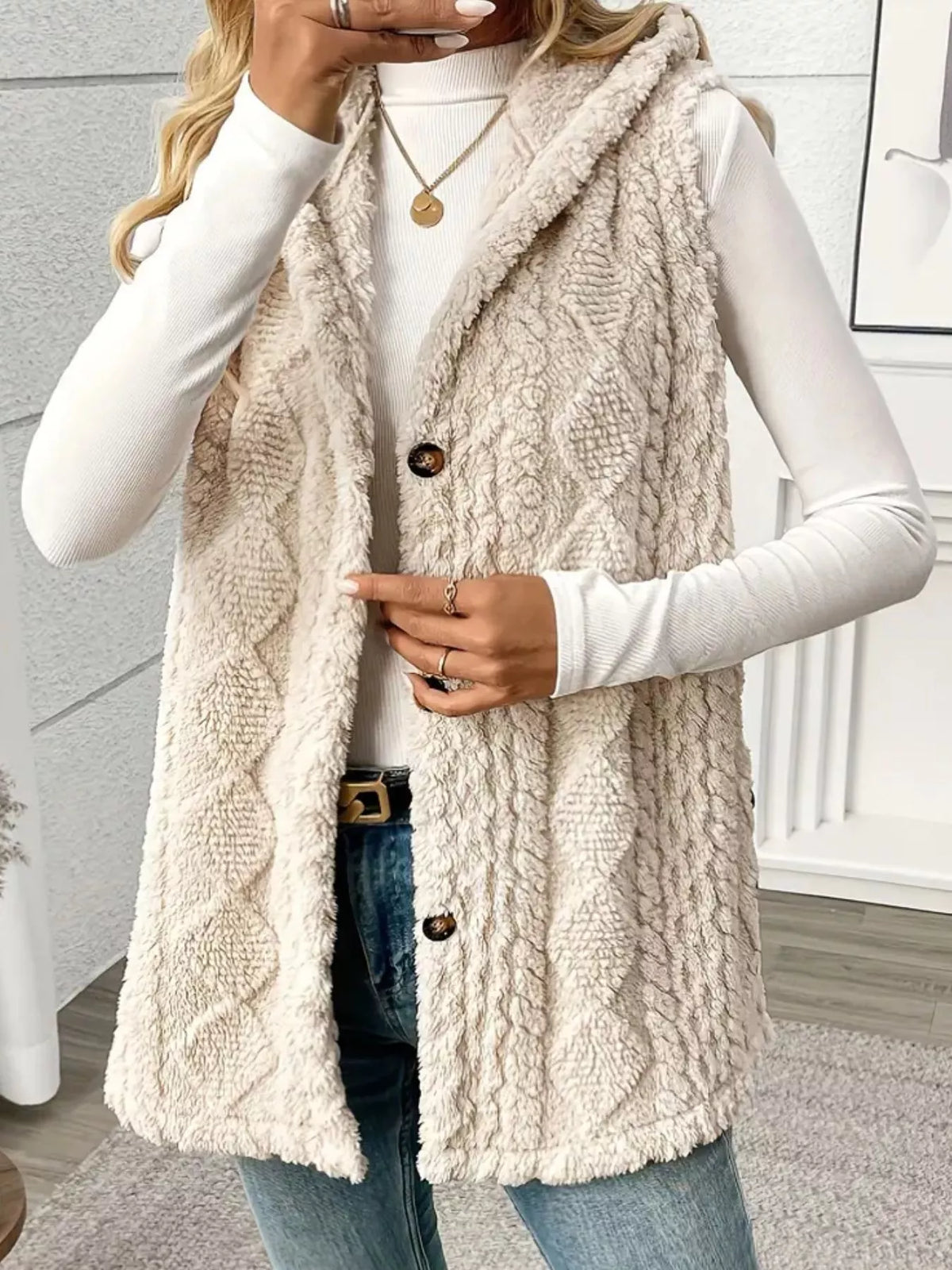 Simply Love hooded button-up sherpa vest coat featuring a cozy fleece-lined design and a front button closure.