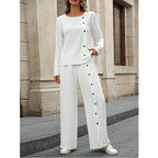 Women’s linen casualwear set featuring a button-up top and loose fit two-piece linen outfit by Plush Fashion Hub.