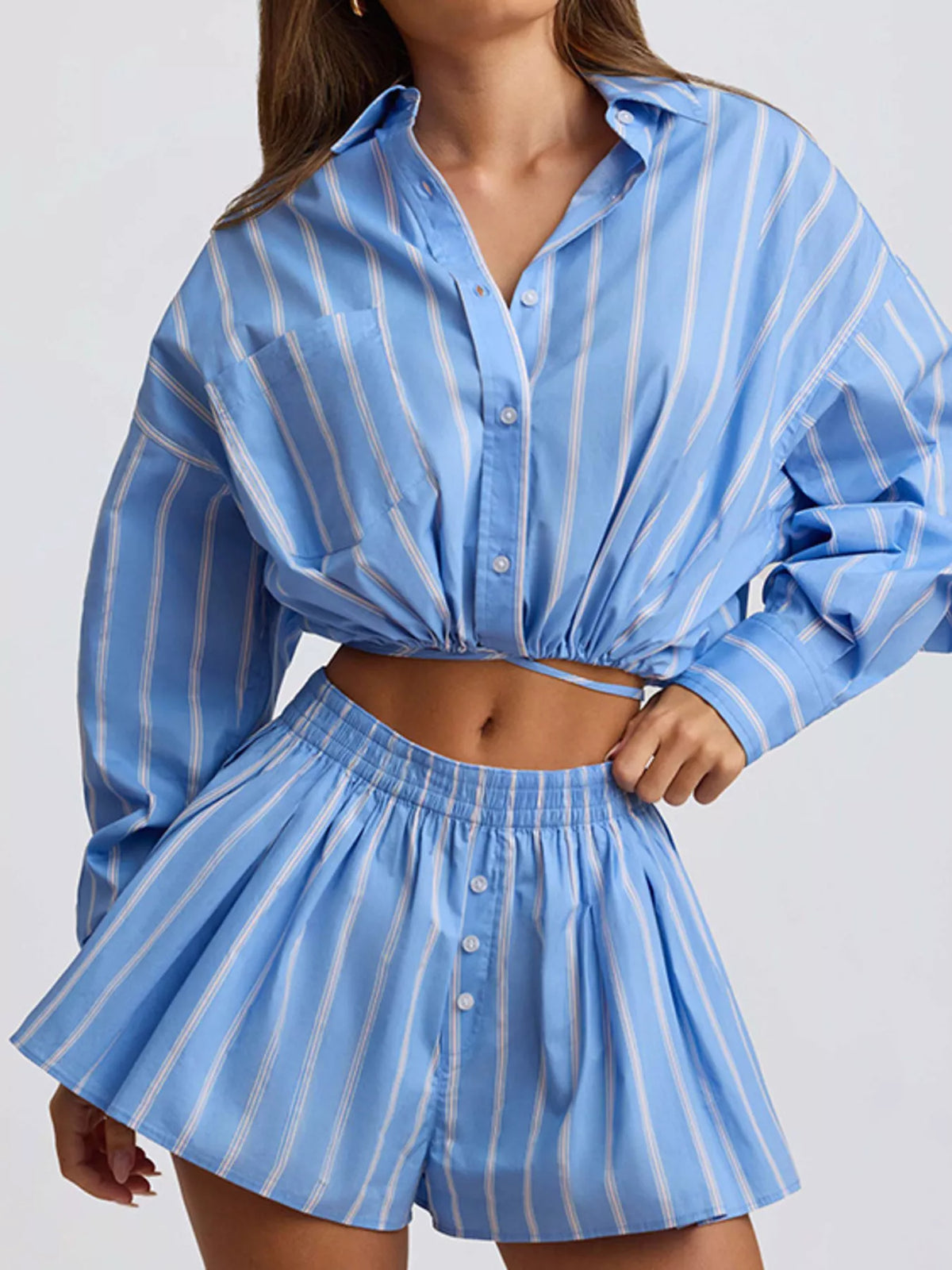 Striped button-up shirt and shorts loungewear set by Plush Fashion Hub, casual and comfortable sleepwear or lounge outfit.