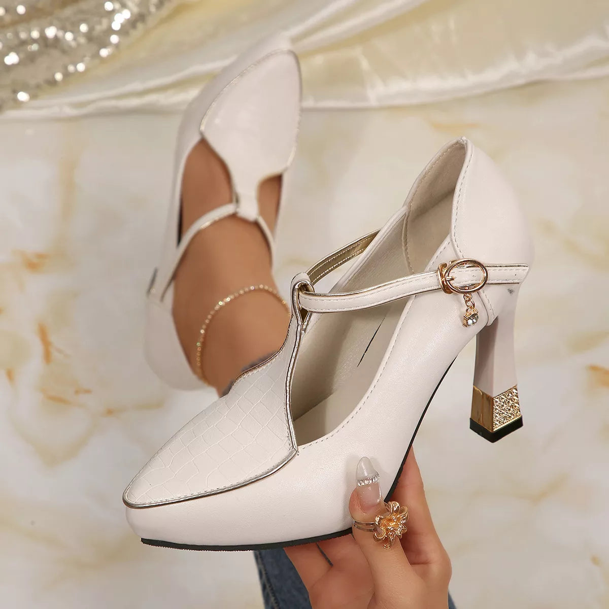Plush Fashion Hub point toe flare heels pumps, stylish black heels with a sleek design and flared heel shape.