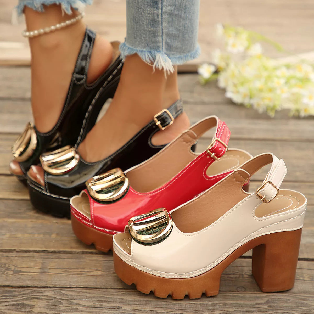 Plush Fashion Hub plush peep toe block heel sandals with stylish design and comfortable heel height, perfect for fashionable occasions.