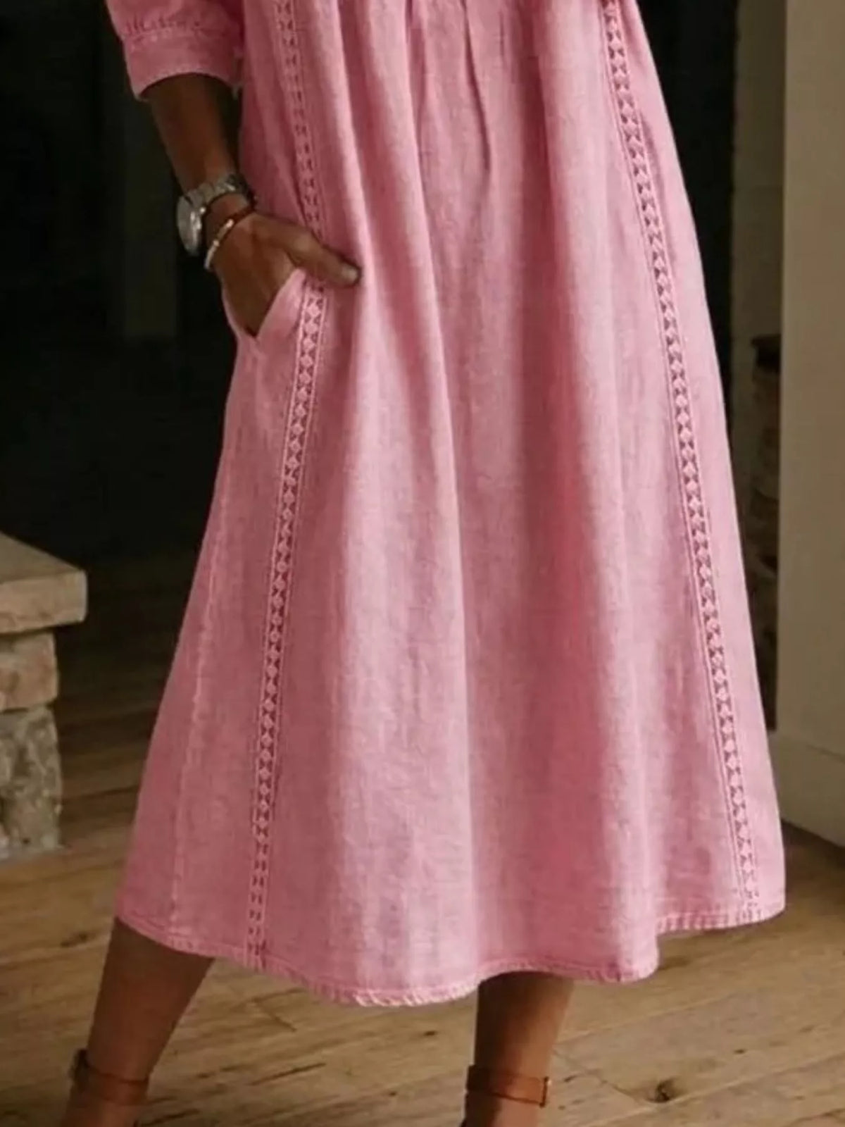 Plus size V-neck midi dress with 3/4 sleeves by Trendsi, featuring a full size and stylish, comfortable design.
