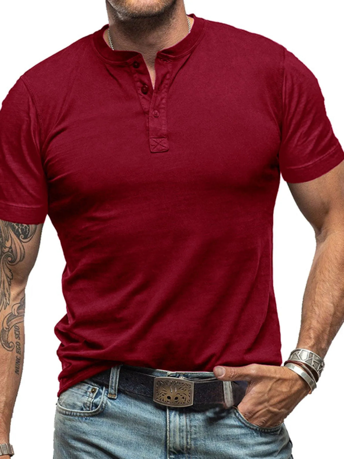 Men's classic Henley short sleeve polo shirt by Trendsi, showing the stylish, comfortable men's polo shirt in a natural pose.