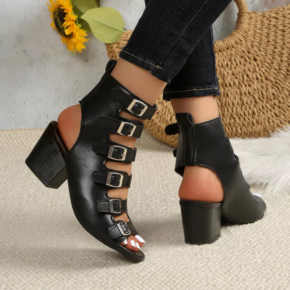 Plush Fashion Hub buckle block heels sandals with open toe and ankle strap, featuring a stylish, chunky heel design.
