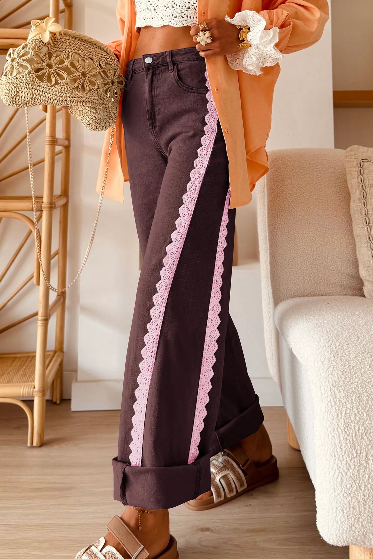 Casual full-length jeans with lace trim detail, regular fit, made by Trendsi, shown on a model standing in a relaxed pose.
