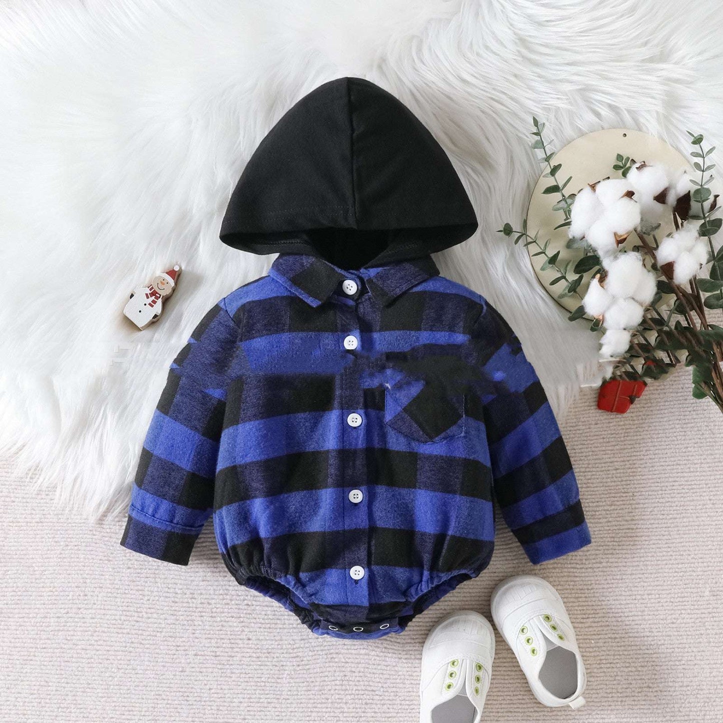 Baby Plaid Button Hooded JumpsuitStay cozy and festive this holiday season with our Baby Clothing Christmas Plaid Jumpsuit. Made with soft and breathable cotton fabric, our button-up onesie featuresBaby clothsPlush Fashions ShopPlush Fashion Shop