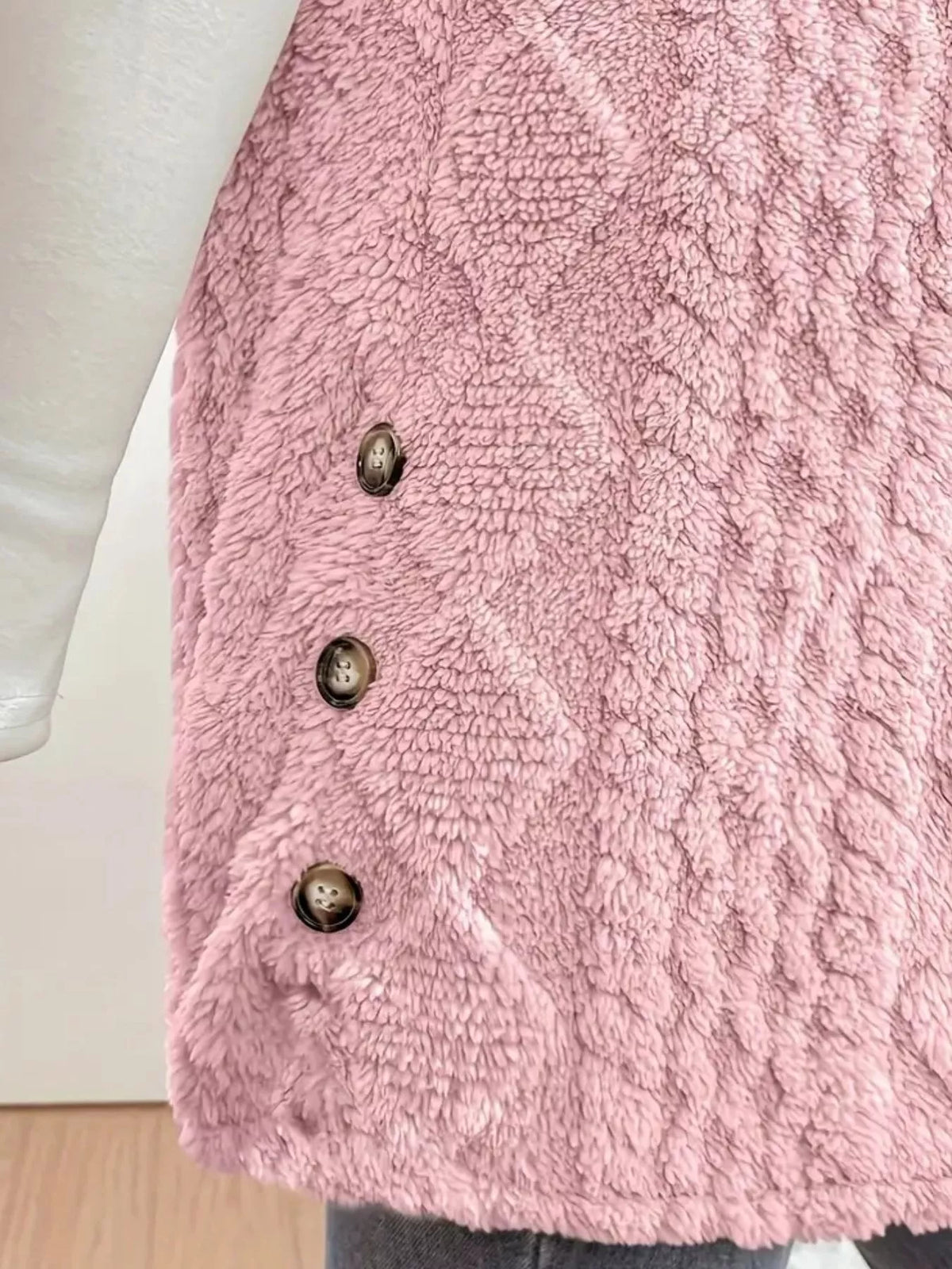 Simply Love hooded button-up sherpa vest coat showing a cozy, plush sherpa lining and a stylish hood for warmth and casual wear.