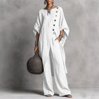 Women's casual FitiqueFit drop shoulder three-quarter sleeve irregular shirt and matching pants set, relaxed and stylish.