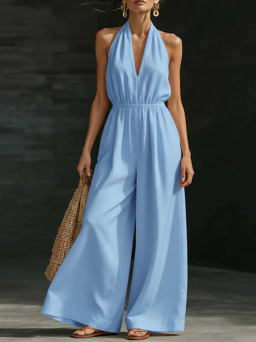 Women’s V-neck halter neck wide-leg jumpsuit by FitiqueFit, casualwear, shown in a stylish, relaxed fit with flowing wide-leg design.
