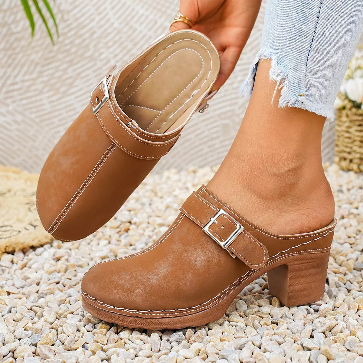 Plush Fashion Hub round toe block heel sandals with stylish design and comfortable heel height, perfect for casual or dressy occasions.