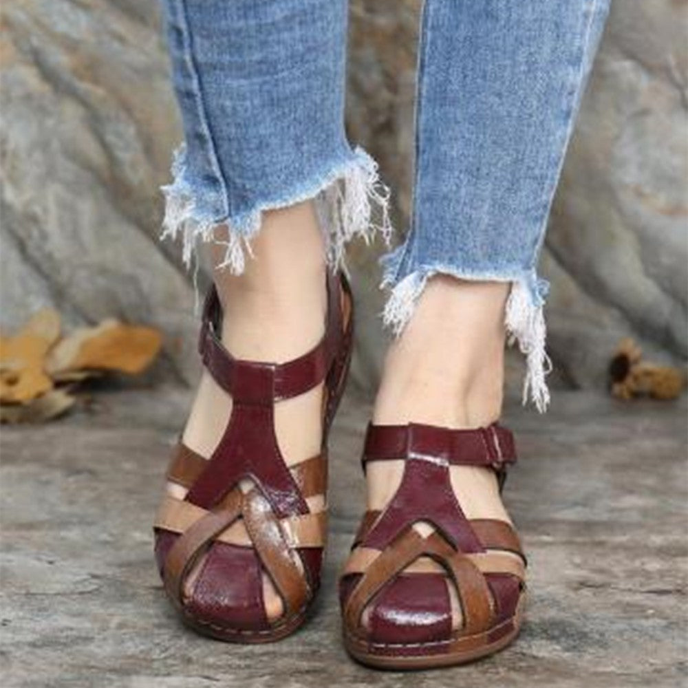 Vintage round toe wedge sandals for ladies with cross buckle design by LadyShow.Store, featuring stylish and comfortable footwear.