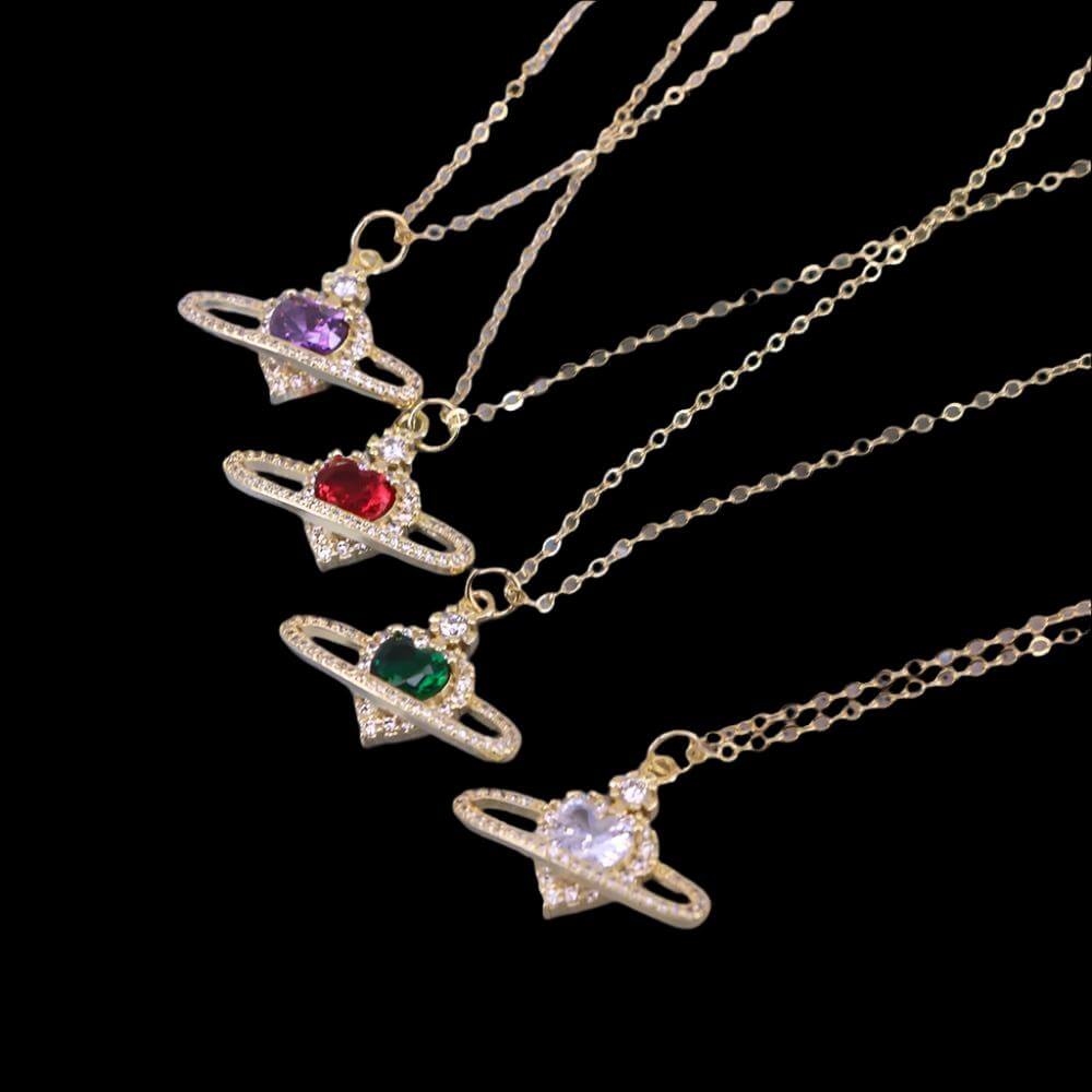 Ladies Fashion Personality Zircon Love Necklace with colorful pendants on a gold chain.