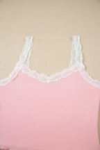 Ribbed knit lace straps patchwork cropped top with floral pattern and lettuce hem, part of a trendy lounge set.