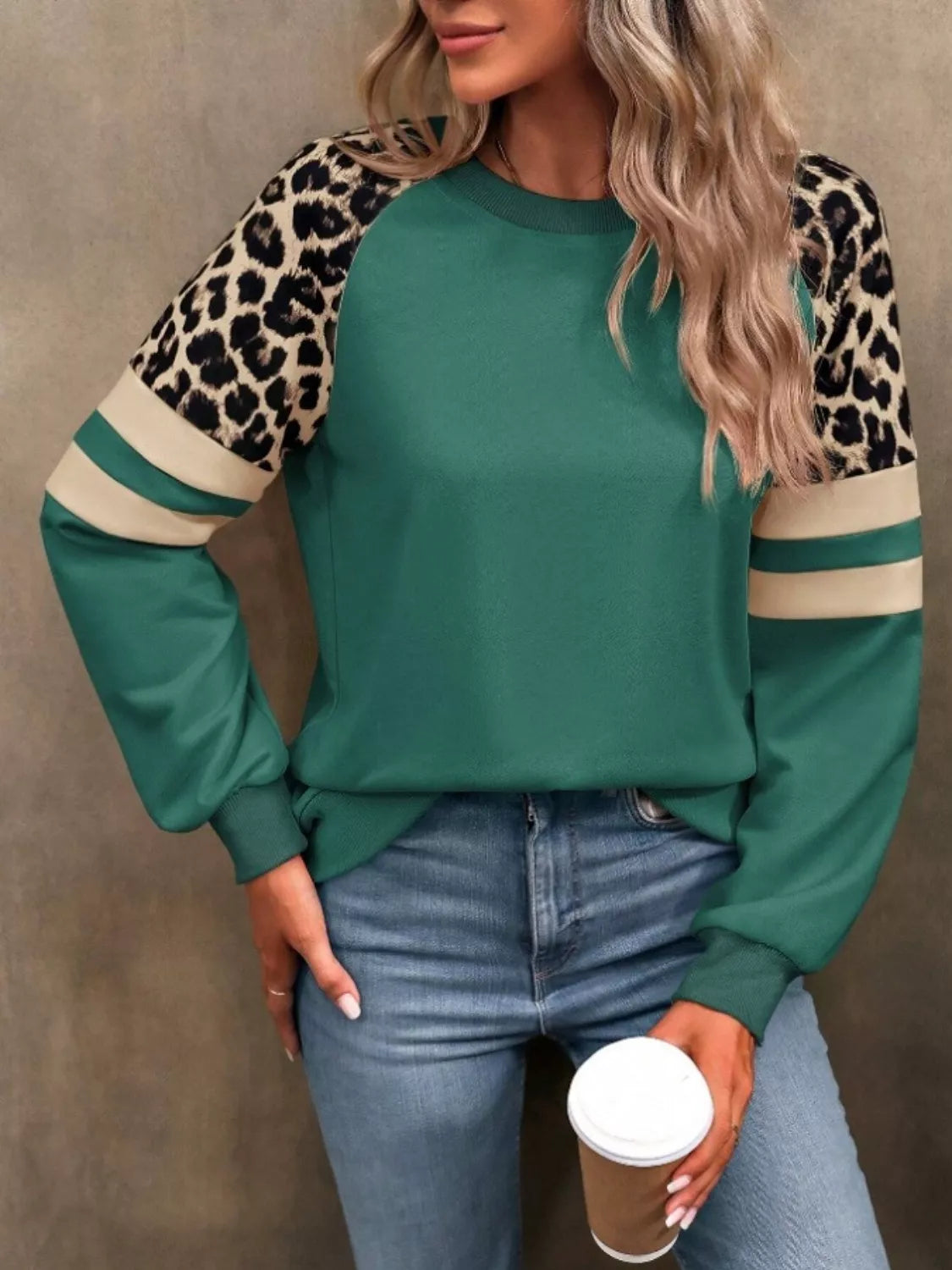 Leopard and striped raglan sleeve sweatshirt by Simply Love, featuring a cozy fit and stylish mixed animal and stripe print.