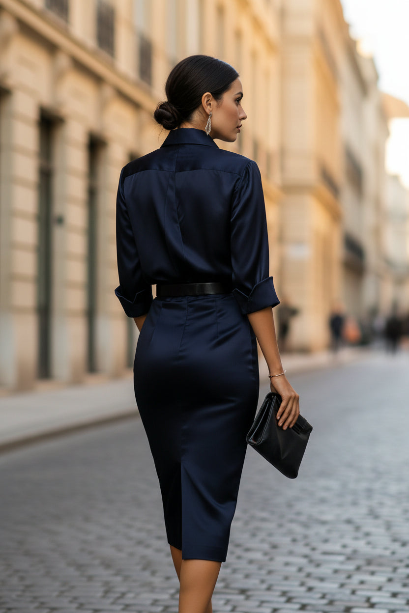 Women's slim-fit midi dress with lapel collar and half sleeves, casualwear by FitiqueFit, shown in a stylish, comfortable design.