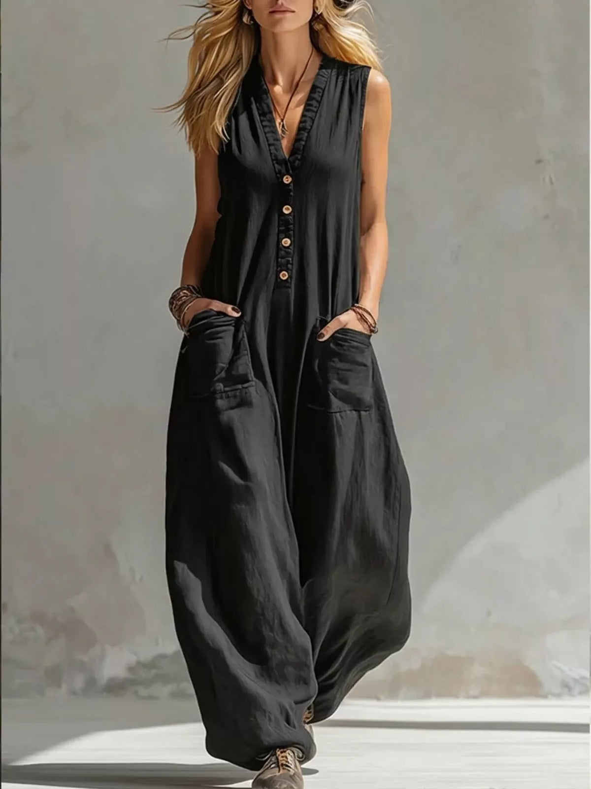 Plus size plush fashion hub sleeveless v-neck wide-leg jumpsuit, full length, stylish and comfortable for casual wear