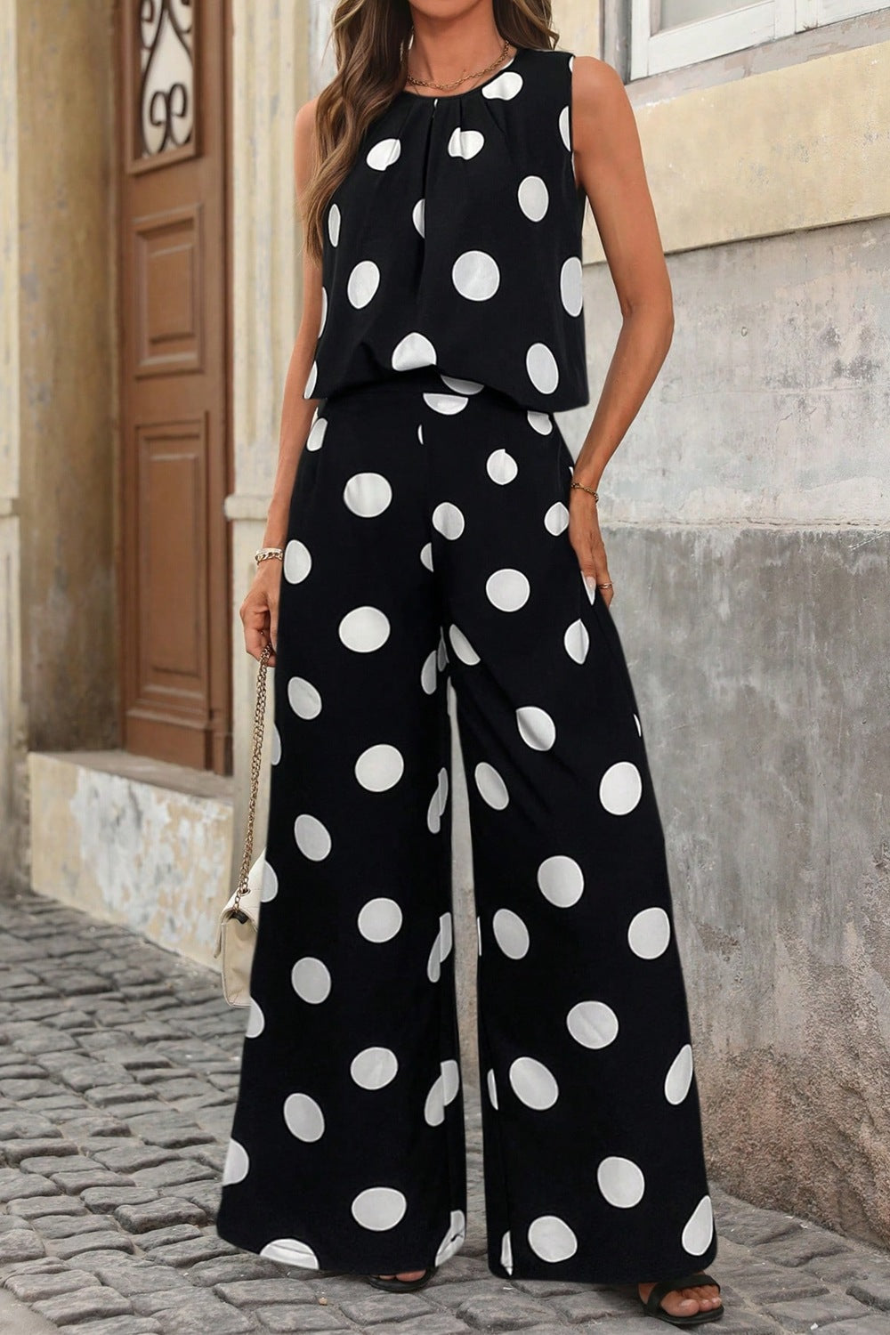 Polka dot sleeveless top and wide-leg pants loungewear set from Plush Fashion Hub, featuring a stylish two-piece design.