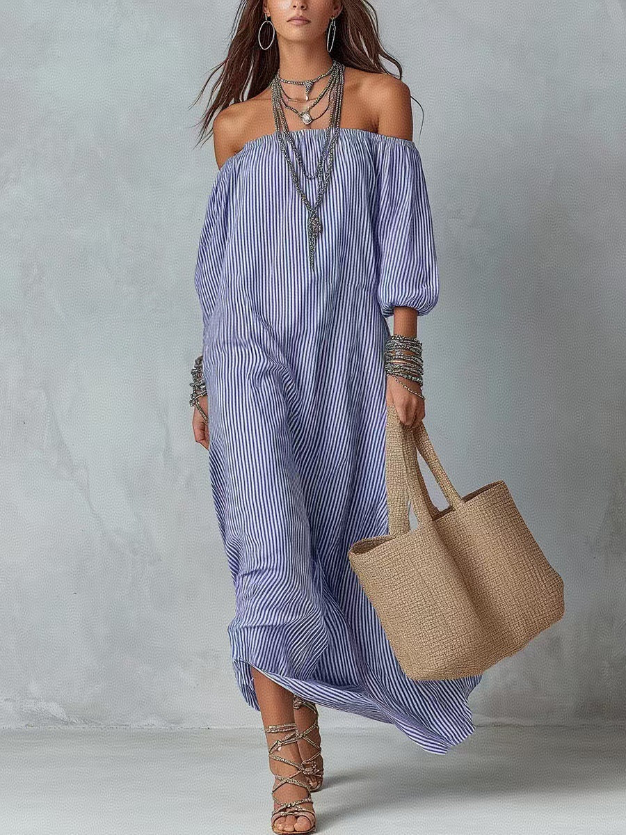 Women's striped loose-fit flared maxi dress by FitiqueFit, featuring a flowy silhouette and bold stripe pattern, perfect for vacation.
