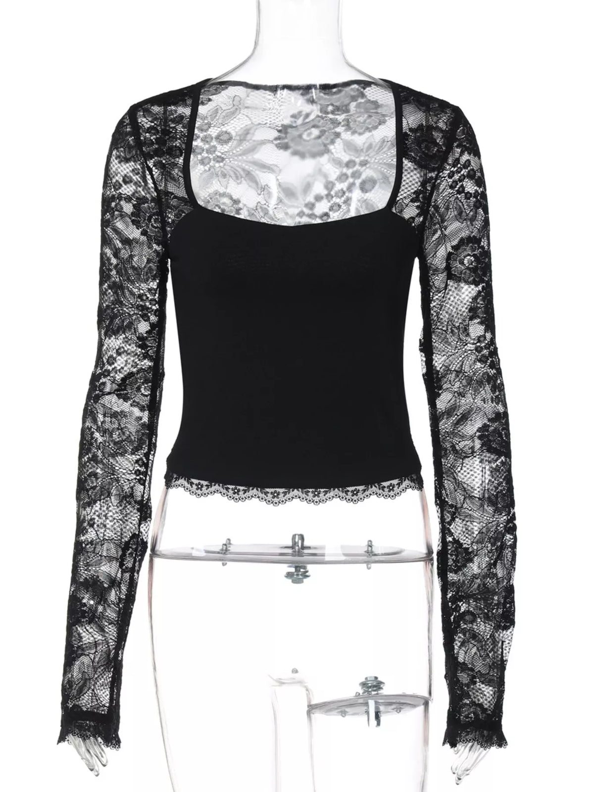 Sheer lace sleeve square neck T-shirt from Plush Fashion Hub, featuring a stylish design with delicate lace accents.