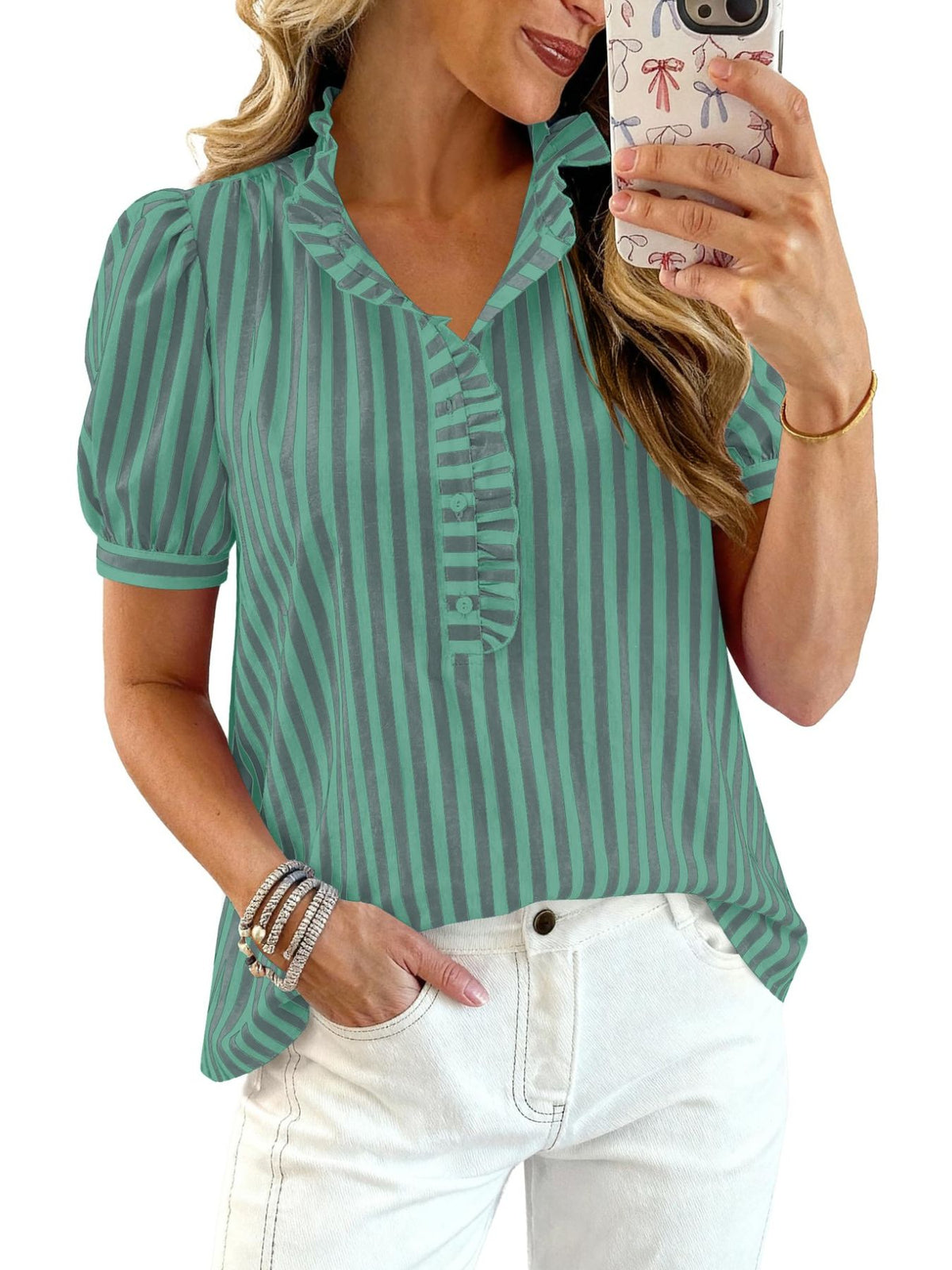 Women's striped puff sleeve blouse with ruffled details by Plush Fashion Hub, featuring a stylish and feminine design.