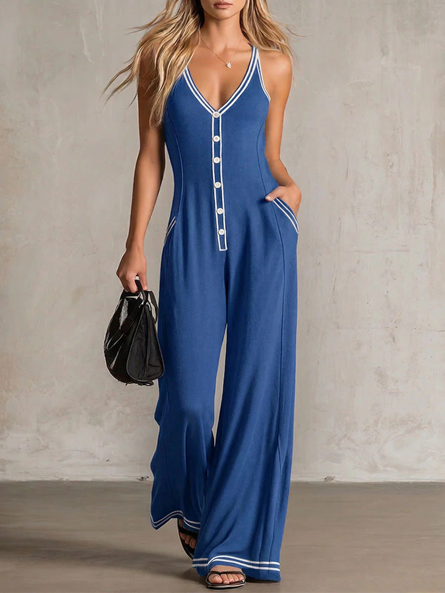 Women's V-neck backless wide-leg jumpsuit by FitiqueFit, featuring a high waist and casual style, shown on a model.