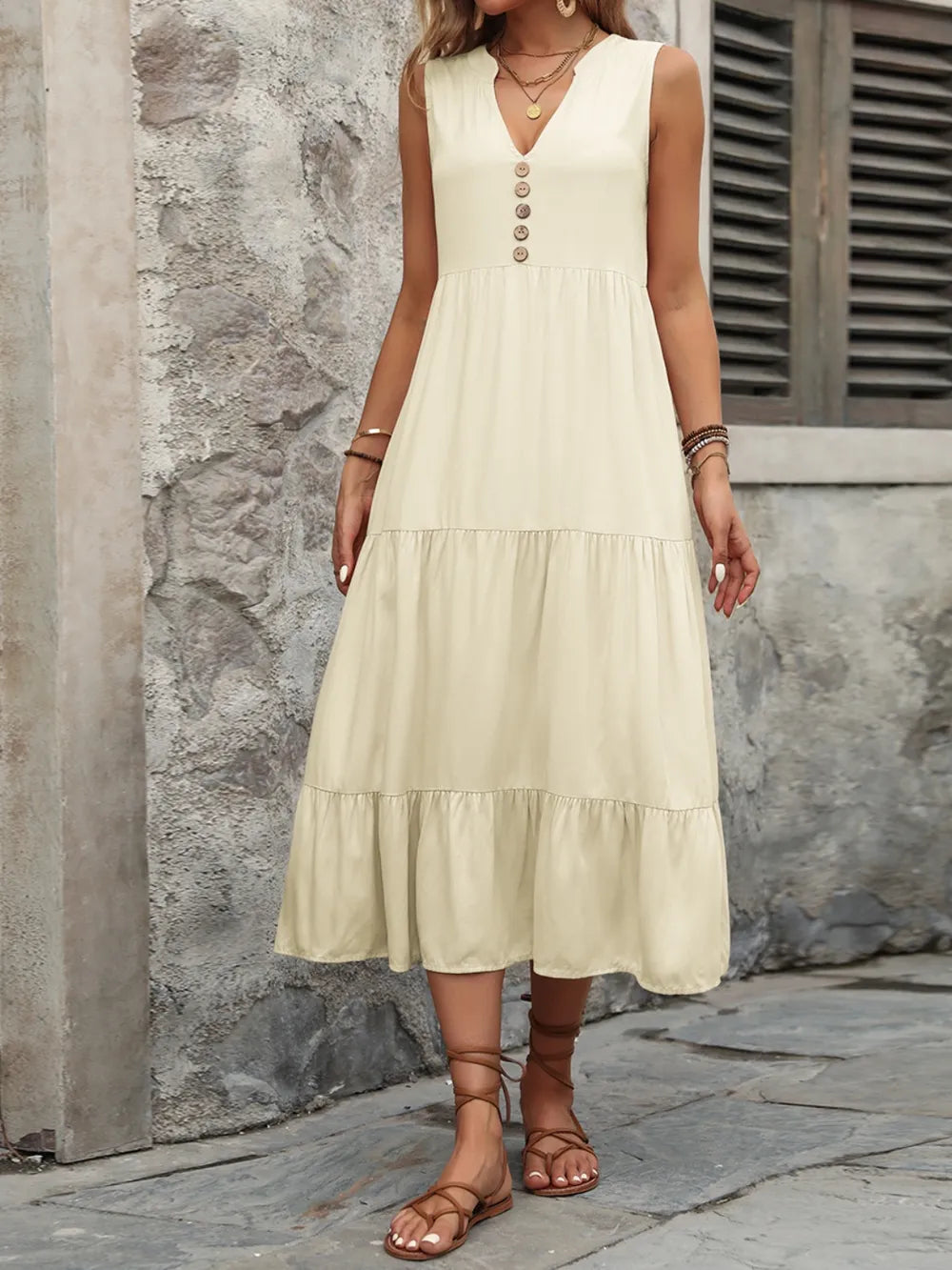 Plush Fashion Hub Ivy Lane women’s sleeveless cotton dress with notched collar and button-down front, casual summer style.
