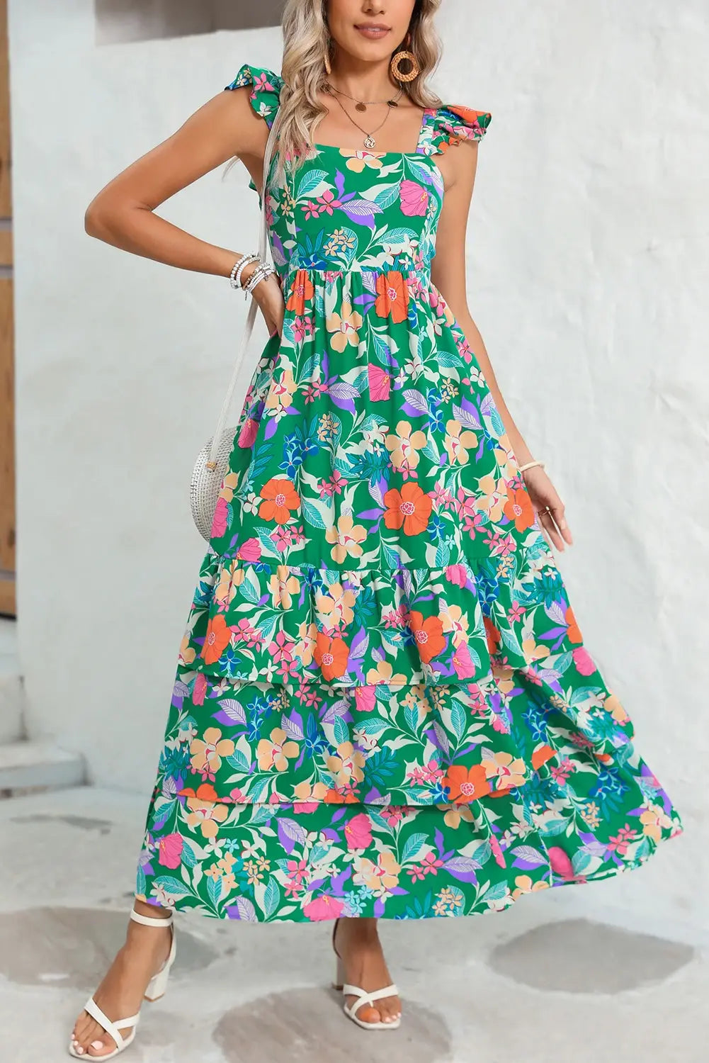 Floral Ruffle Green Tiered Maxi Dress Pretty Little Patriot