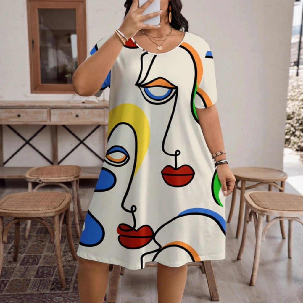Women's casual printed round neck short sleeve dress by FitiqueFit, featuring a relaxed fit and colorful floral pattern.