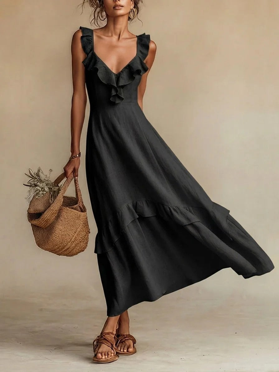 FitiqueFit sleeveless ruffle detail high-waist maxi dress in various colors, casual wear, size S to 3XL, shown in vibrant fabric.