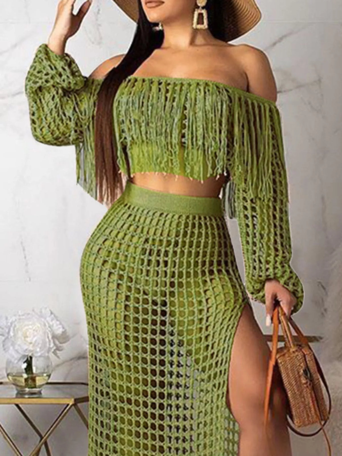 Plus size crochet off-shoulder fringe top and matching skirt set by Plush Fashion Hub, featuring colorful boho style and relaxed fit.