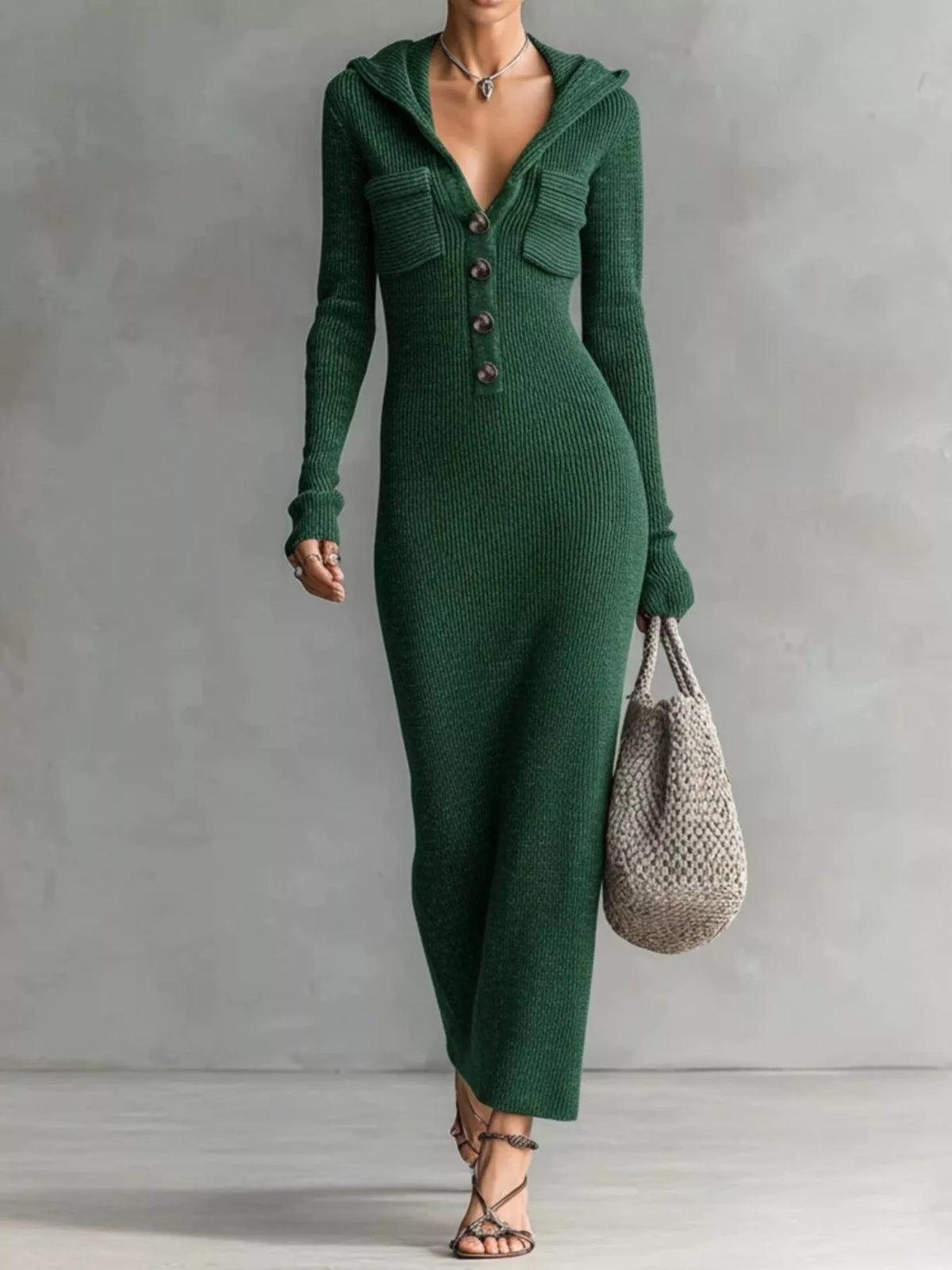 Knit hooded maxi dress with button placket and pockets, stylish and comfortable Trendsi dress in soft fabric.