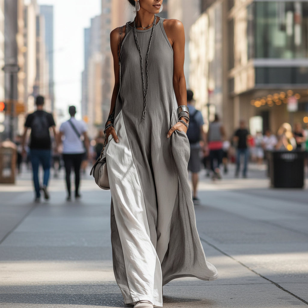 Off-shoulder color-block flared maxi dress with pockets by FitiqueFit, shown in five different vibrant colors.