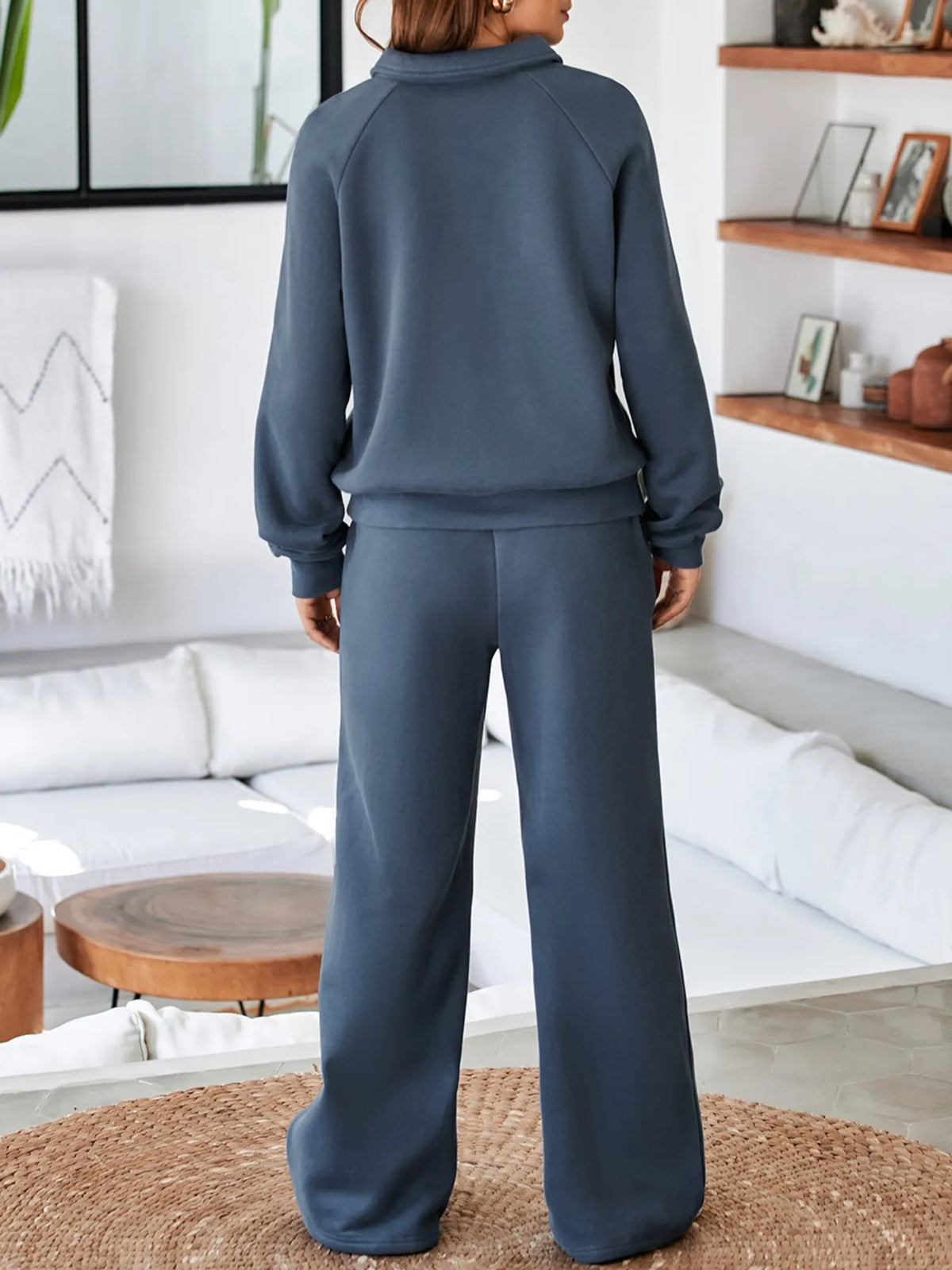 Plush Fashion Hub activewear set with a collared sweatshirt and high waist pants, styled for comfortable, athletic wear.