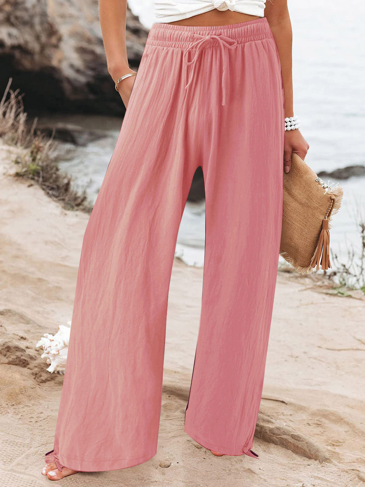 Plus size full length drawstring wide-leg pants from Trendsi, featuring a relaxed fit and comfortable waistband.