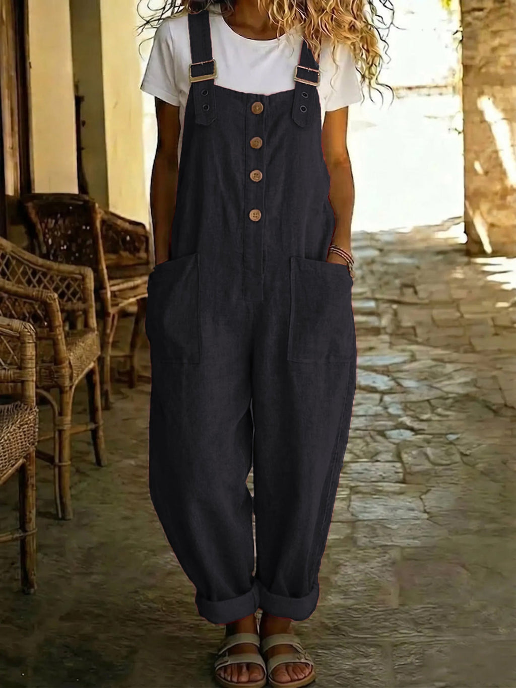 Women's vintage high-waist straight-leg overalls by Plush Fashion Hub, sleeveless suspender jumpsuit, shown in a casual pose.
