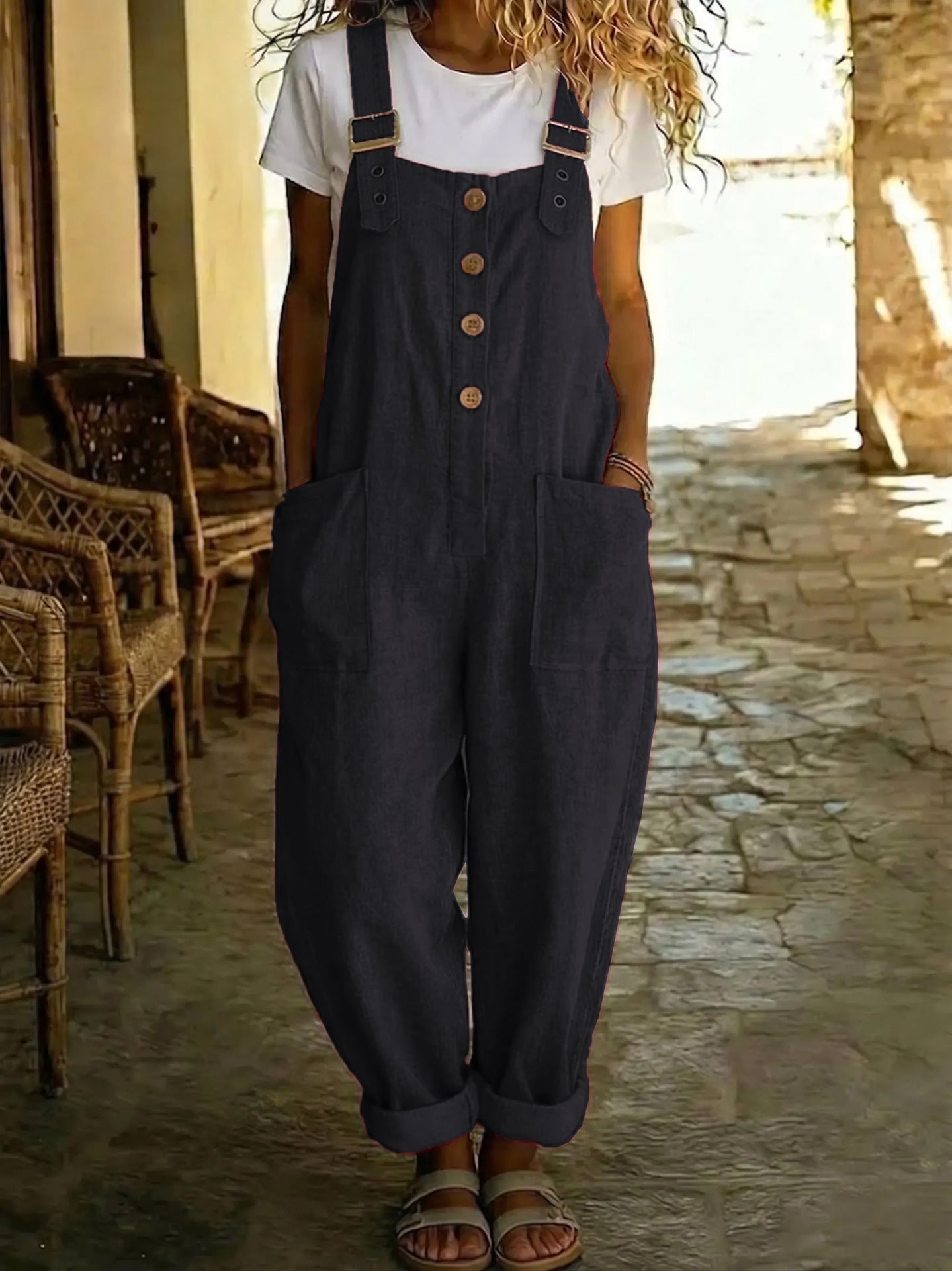 Women's vintage high-waist straight-leg overalls by Plush Fashion Hub, sleeveless suspender jumpsuit, shown in a casual pose.