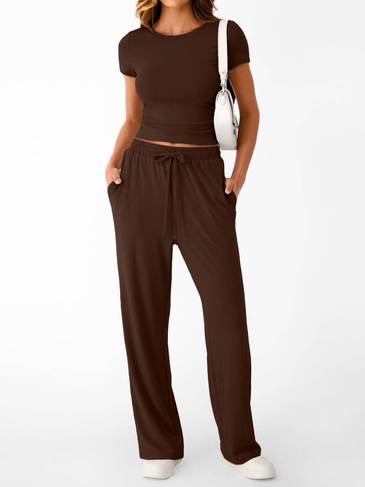 Women's round neck short sleeve T-shirt and drawstring lounge set by Plush Fashion Hub, casual 2-piece comfortable outfit.