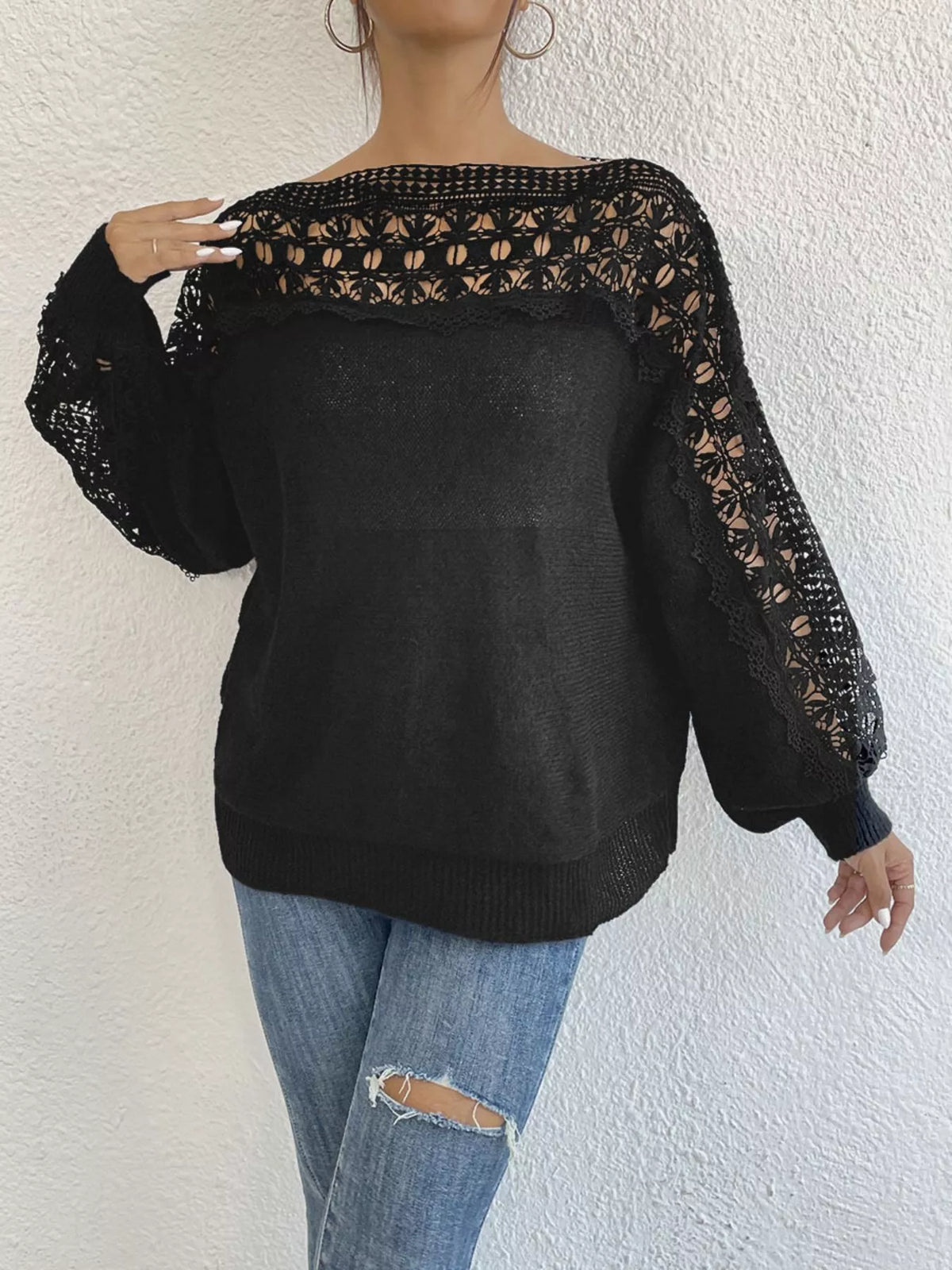 Crochet long sleeve sweater by Plush Fashion Hub featuring a cozy, textured knit design in a stylish, casual fit.
