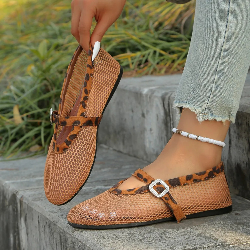 Women's breathable mesh flat summer sandals with round toe from Plush Fashion Hub, showcasing comfortable open-toe shoe design.