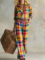 Women's casual vertical stripe collared long-sleeve shirt and wide-leg pants set by FitiqueFit, featuring a relaxed fit and stylish design.
