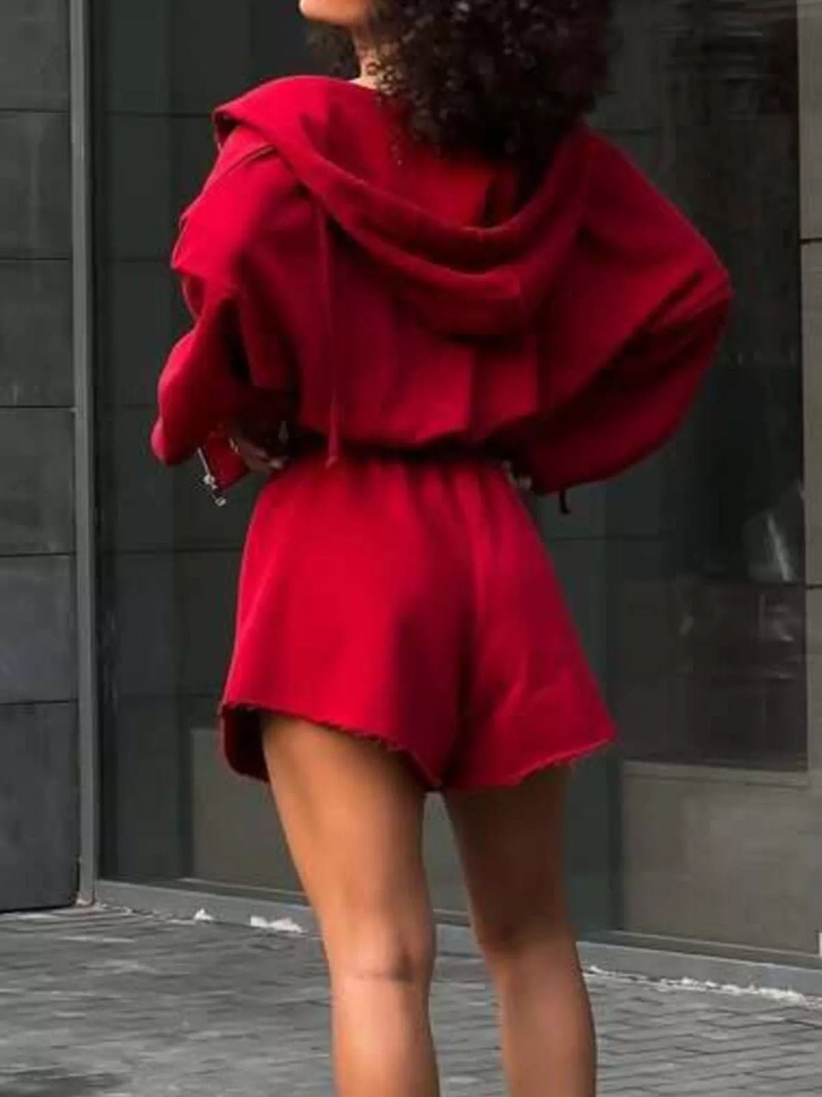 Plush Fashion Hub zip-up long sleeve outerwear and matching shorts set, shown in a casual, stylish outfit.