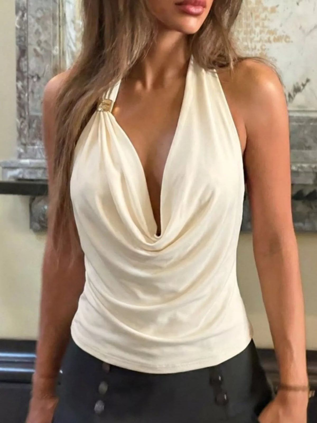 Halter neck ruched tank top from Plush Fashion Hub featuring a fitted design and gathered fabric detail.