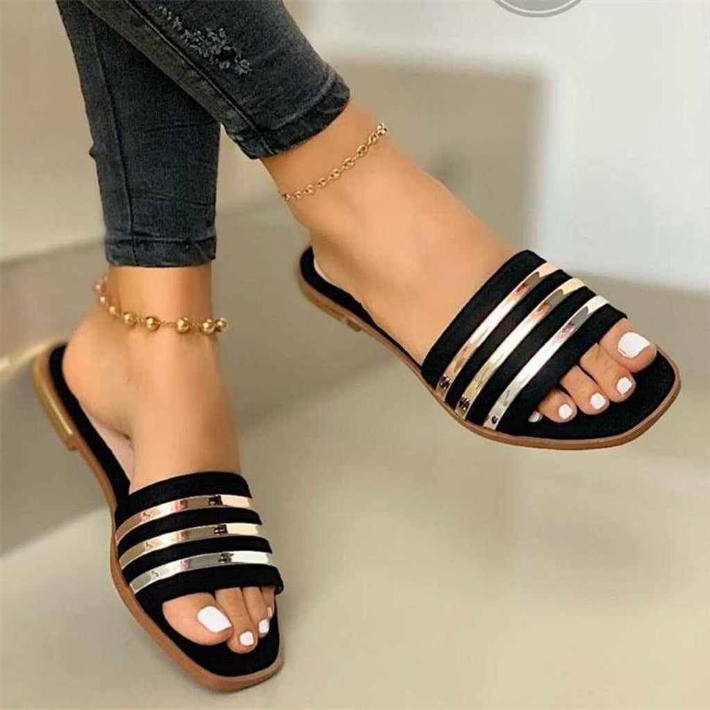 Women's open-toe striped flat sandals by Plush Fashion Hub, featuring comfortable PU leather and summer-ready design.