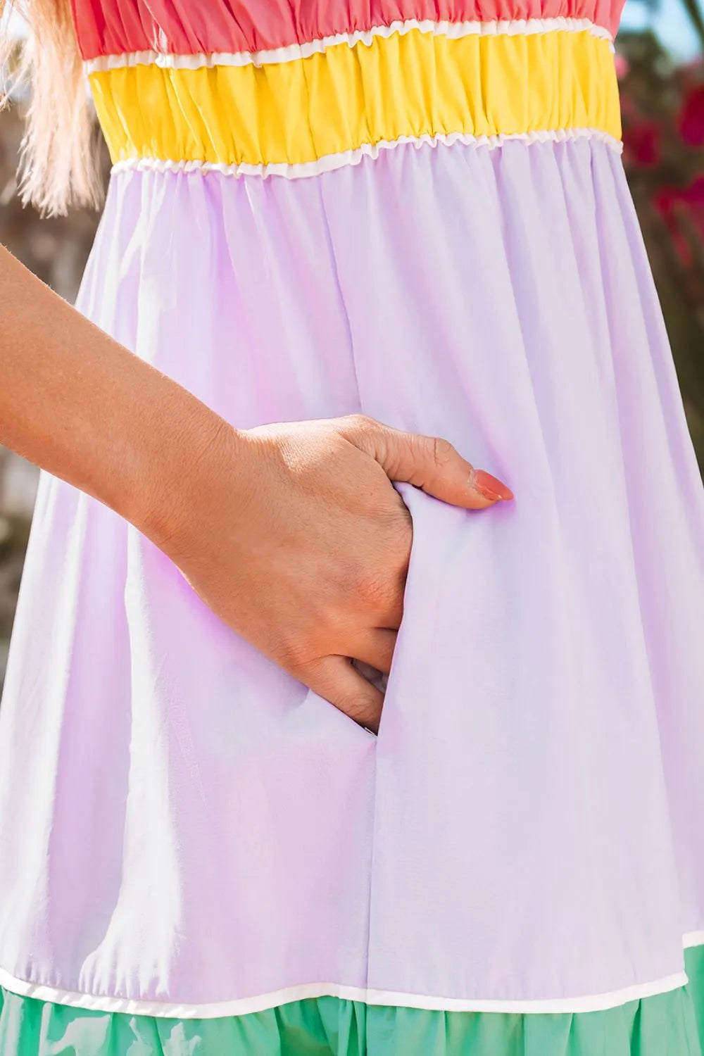 Women's 100% cotton color block tiered maxi dress with pockets, featuring vibrant fabric and a flowing silhouette.