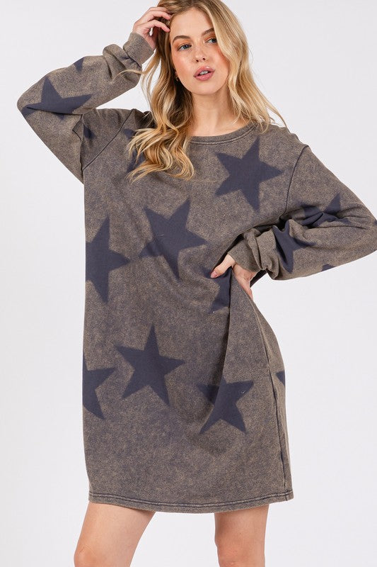 Women's Washed Star Print Round Neck Dress